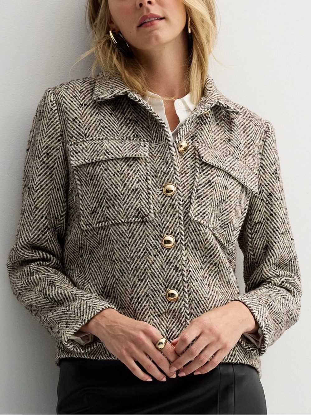 NWT Nine West Herringbone Tweed Cropped Button Front Chore Coat Jacket XL
